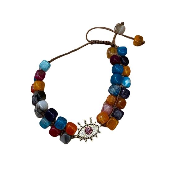 Pink Evil Eye Glass Bead Bracelet - Picture 1 of 6